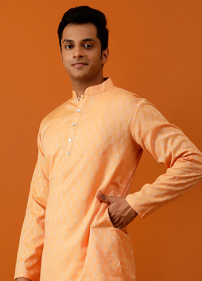 Orange Cotton Full Sleeves Mandarin Collar Long Kurta And Pajama Set - Indian Silk House Agencies