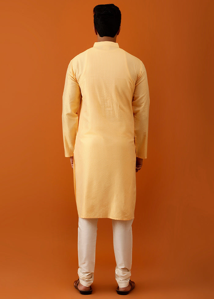 Yellow Cotton Full Sleeves Mandarin Collar Long Kurta And Pajama Set - Indian Silk House Agencies