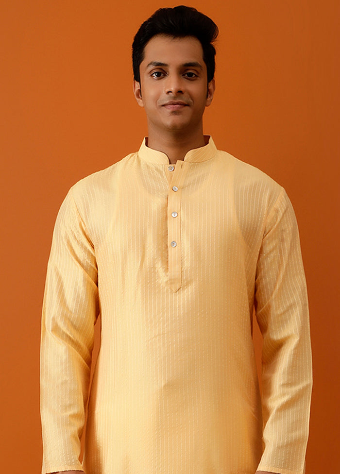 Yellow Cotton Full Sleeves Mandarin Collar Long Kurta And Pajama Set - Indian Silk House Agencies