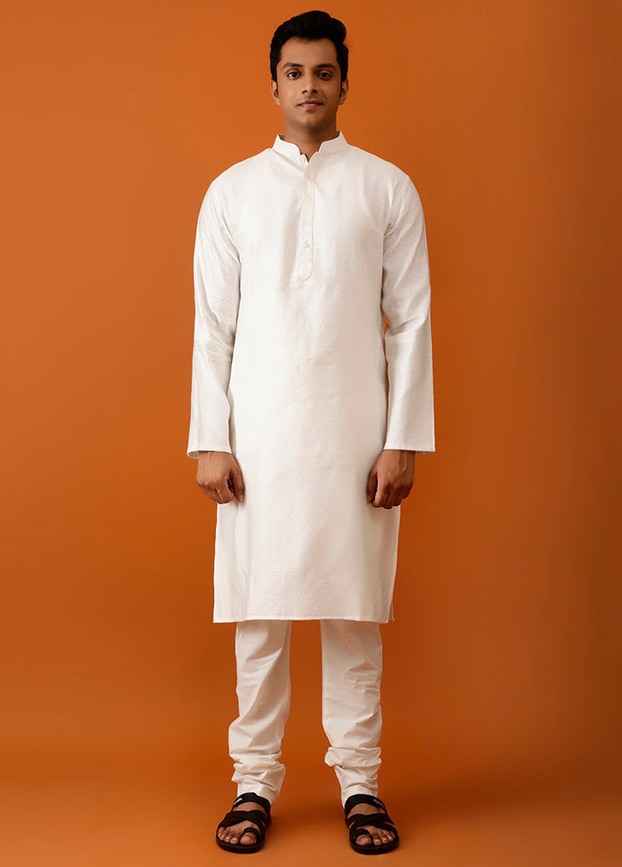 White Cotton Full Sleeves Mandarin Collar Long Kurta And Pajama Set - Indian Silk House Agencies