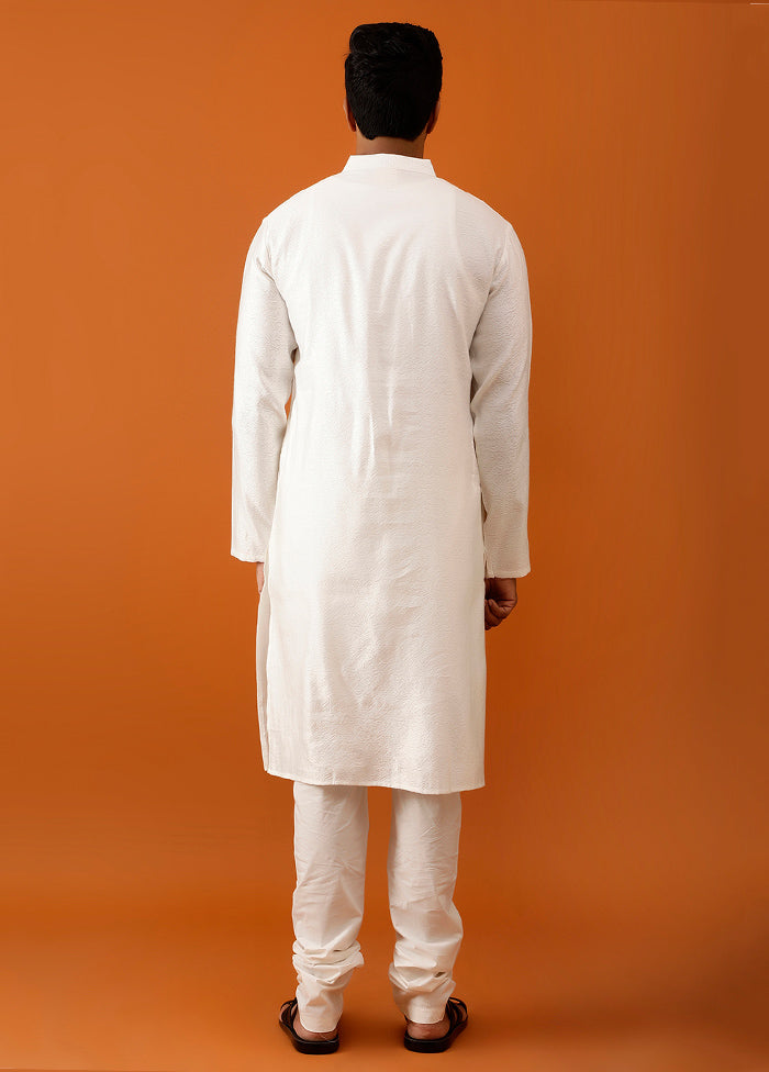 White Cotton Full Sleeves Mandarin Collar Long Kurta And Pajama Set - Indian Silk House Agencies