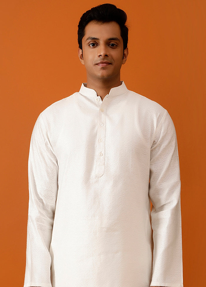 White Cotton Full Sleeves Mandarin Collar Long Kurta And Pajama Set - Indian Silk House Agencies