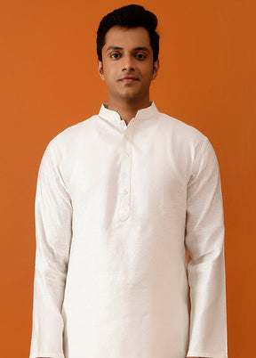 White Cotton Full Sleeves Mandarin Collar Long Kurta And Pajama Set - Indian Silk House Agencies