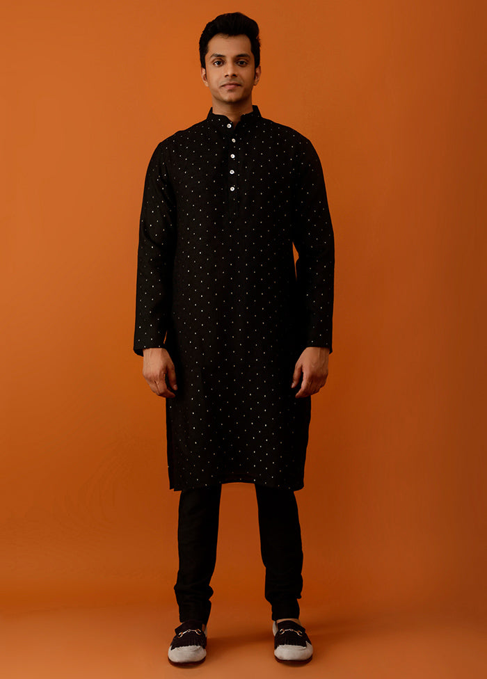 Black Cotton Full Sleeves Mandarin Collar Long Kurta And Pajama Set