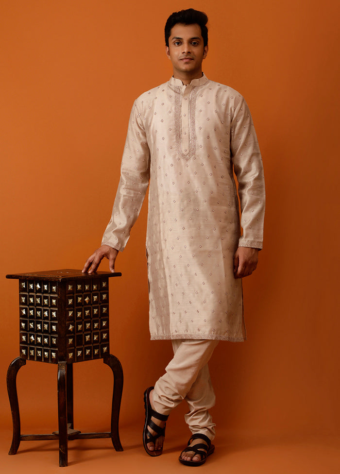 Beige Dupion Silk Full Sleeves Mandarin Collar Long Kurta And Pajama Set - Indian Silk House Agencies