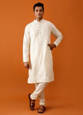 White Cotton Full Sleeves Mandarin Collar Long Kurta And Pajama Set - Indian Silk House Agencies