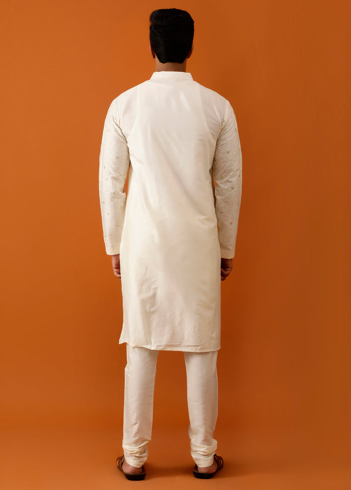 White Cotton Full Sleeves Mandarin Collar Long Kurta And Pajama Set - Indian Silk House Agencies