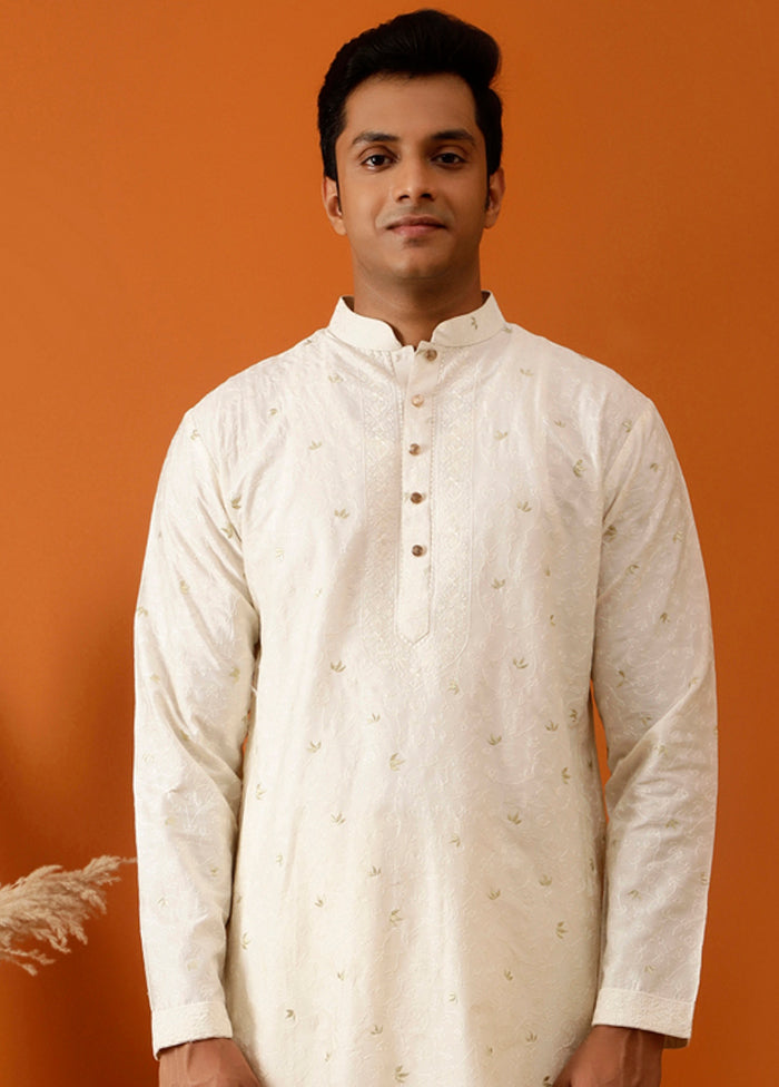 White Cotton Full Sleeves Mandarin Collar Long Kurta And Pajama Set - Indian Silk House Agencies