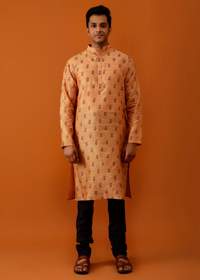 Orange Cotton Full Sleeves Mandarin Collar Long Kurta And Pajama Set - Indian Silk House Agencies