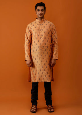 Orange Cotton Full Sleeves Mandarin Collar Long Kurta And Pajama Set - Indian Silk House Agencies