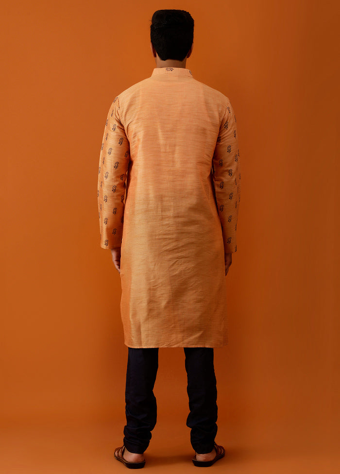 Orange Cotton Full Sleeves Mandarin Collar Long Kurta And Pajama Set - Indian Silk House Agencies