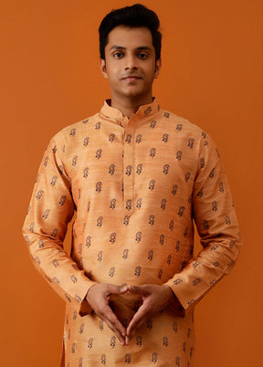 Orange Cotton Full Sleeves Mandarin Collar Long Kurta And Pajama Set - Indian Silk House Agencies