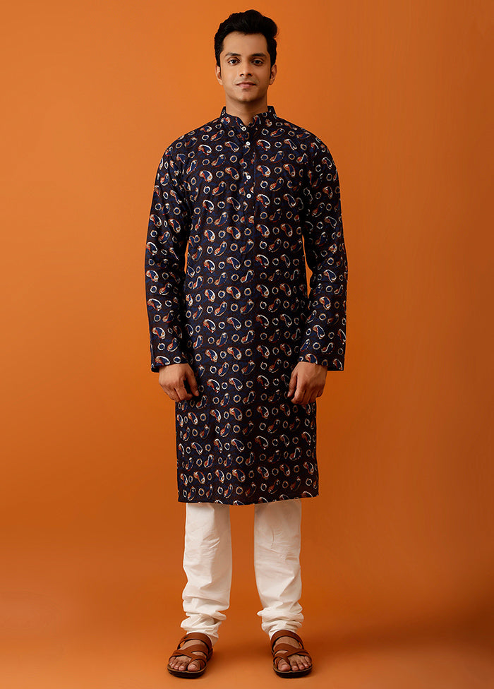 Blue Cotton Full Sleeves Mandarin Collar Long Kurta And Pajama Set - Indian Silk House Agencies