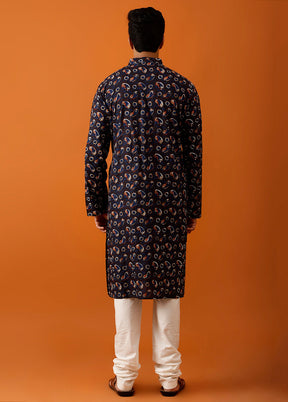 Blue Cotton Full Sleeves Mandarin Collar Long Kurta And Pajama Set - Indian Silk House Agencies