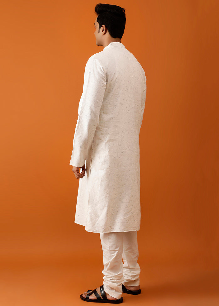 White Cotton Full Sleeves Mandarin Collar Long Kurta And Pajama Set - Indian Silk House Agencies