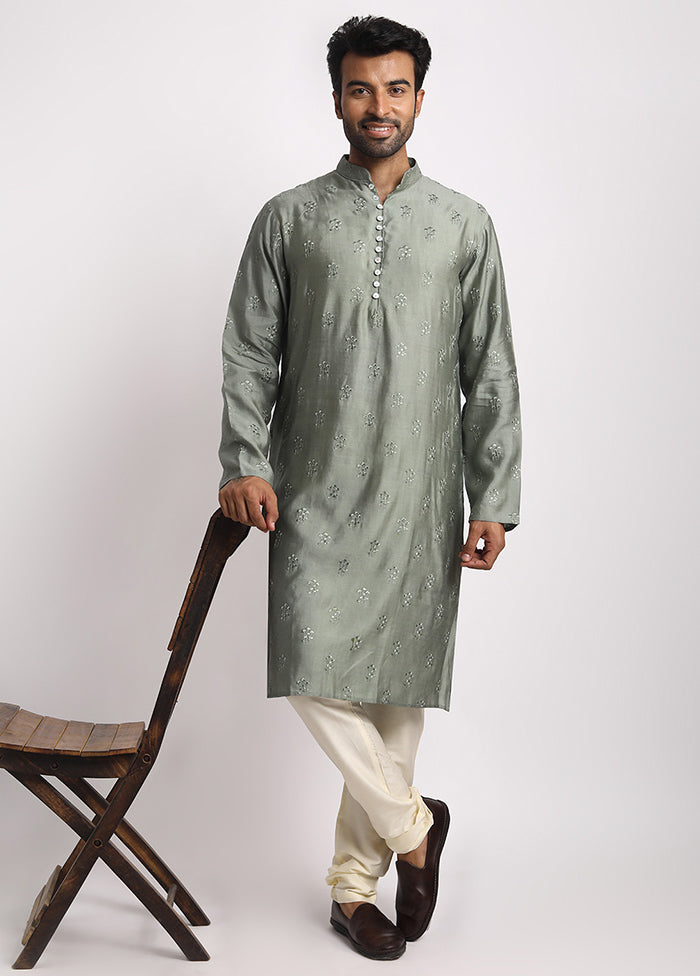 Green Cotton Full Sleeves Mandarin Collar Long Kurta And Pajama Set - Indian Silk House Agencies