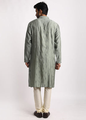 Green Cotton Full Sleeves Mandarin Collar Long Kurta And Pajama Set - Indian Silk House Agencies