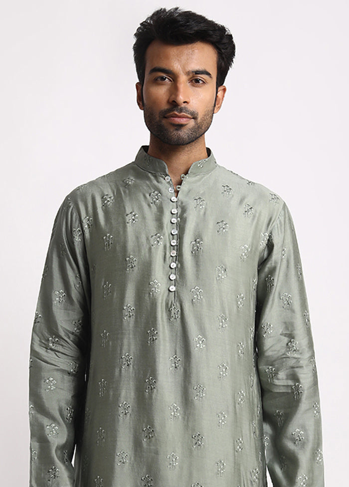 Green Cotton Full Sleeves Mandarin Collar Long Kurta And Pajama Set - Indian Silk House Agencies