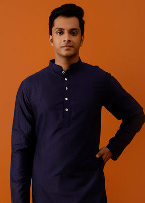 Navy Blue Cotton Full Sleeves Mandarin Collar Long Kurta And Pajama Set - Indian Silk House Agencies