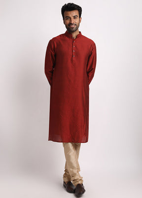 Maroon Cotton Full Sleeves Mandarin Collar Long Kurta And Pajama Set - Indian Silk House Agencies