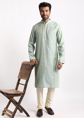 Green Cotton Full Sleeves Mandarin Collar Long Kurta And Pajama Set - Indian Silk House Agencies