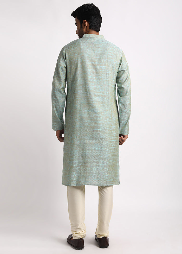 Green Cotton Full Sleeves Mandarin Collar Long Kurta And Pajama Set - Indian Silk House Agencies