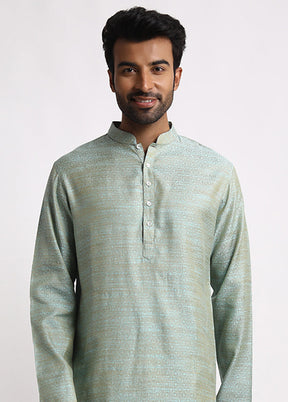 Green Cotton Full Sleeves Mandarin Collar Long Kurta And Pajama Set - Indian Silk House Agencies