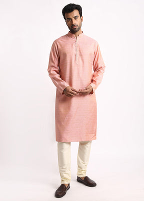 Peach Cotton Full Sleeves Mandarin Collar Long Kurta And Pajama Set - Indian Silk House Agencies