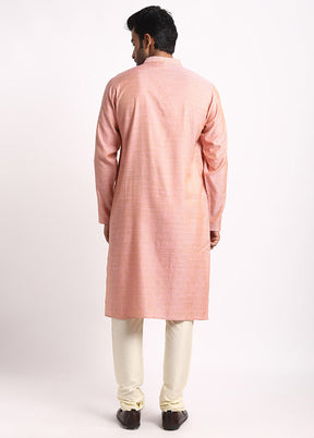 Peach Cotton Full Sleeves Mandarin Collar Long Kurta And Pajama Set - Indian Silk House Agencies