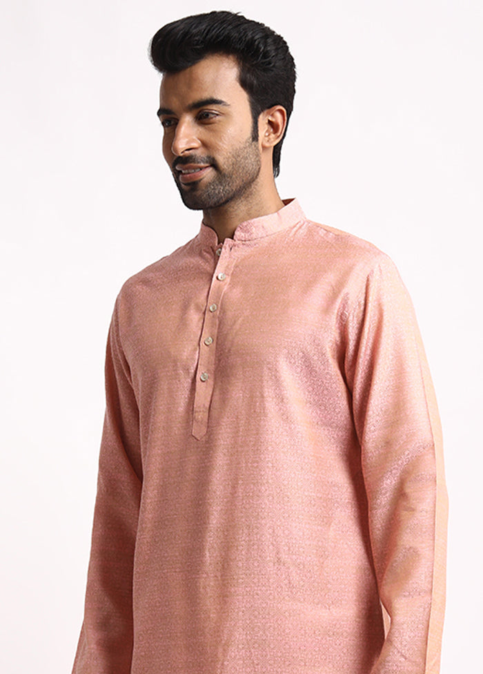 Peach Cotton Full Sleeves Mandarin Collar Long Kurta And Pajama Set - Indian Silk House Agencies