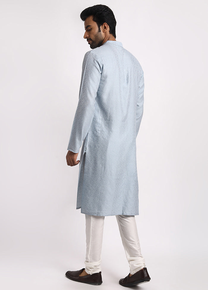 Grey Cotton Full Sleeves Mandarin Collar Long Kurta And Pajama Set - Indian Silk House Agencies