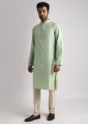 Green Cotton Full Sleeves Mandarin Collar Long Kurta And Pajama Set - Indian Silk House Agencies