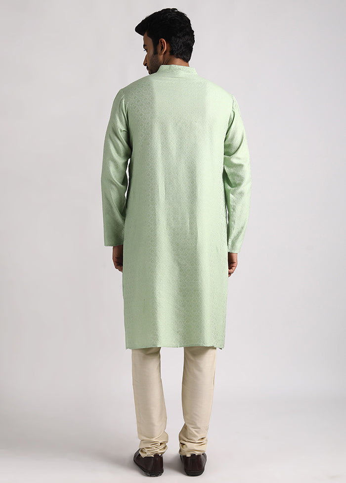 Green Cotton Full Sleeves Mandarin Collar Long Kurta And Pajama Set - Indian Silk House Agencies