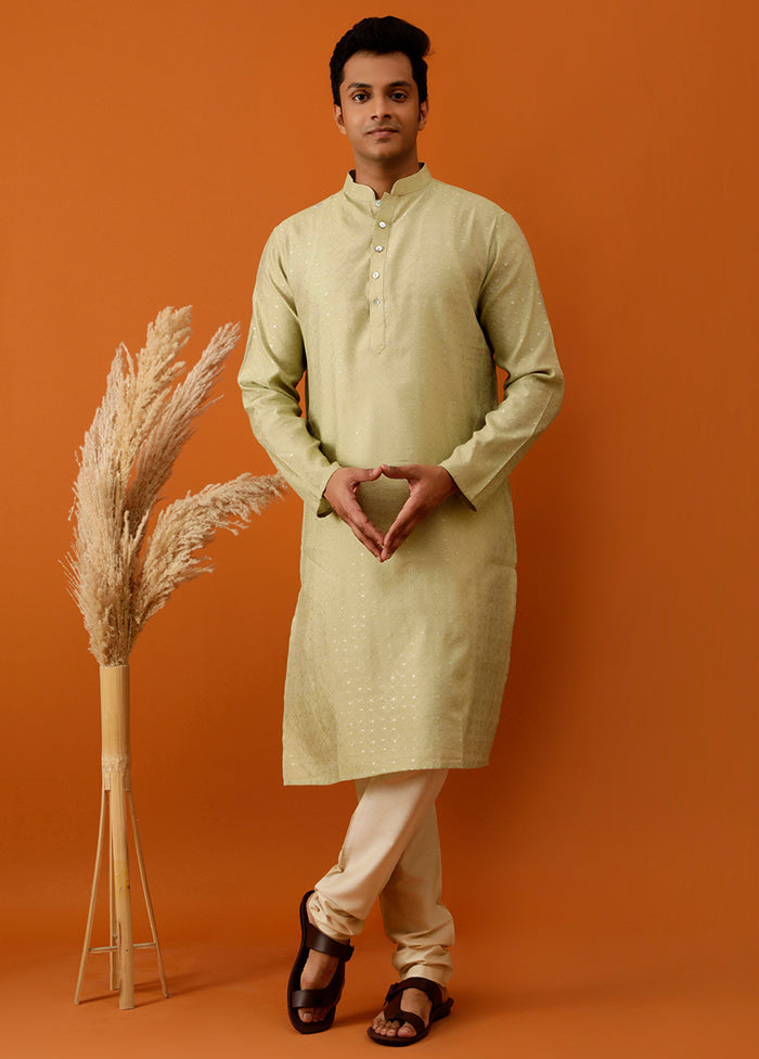 Olive Green Cotton Full Sleeves Mandarin Collar Long Kurta And Pajama Set - Indian Silk House Agencies