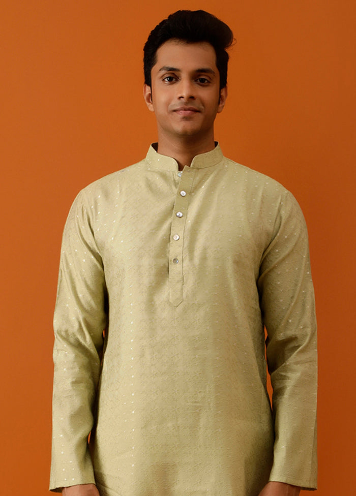 Olive Green Cotton Full Sleeves Mandarin Collar Long Kurta And Pajama Set - Indian Silk House Agencies