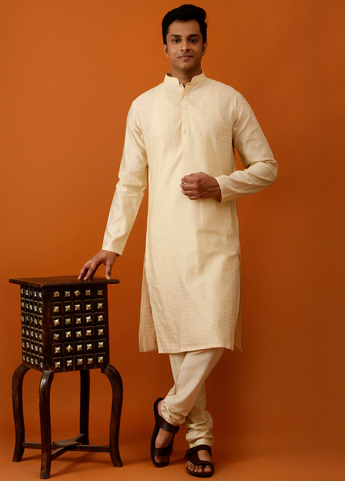 Peach Cotton Full Sleeves Mandarin Collar Long Kurta And Pajama Set - Indian Silk House Agencies