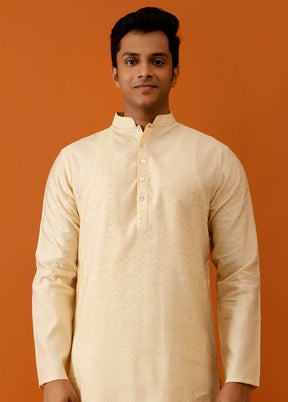 Peach Cotton Full Sleeves Mandarin Collar Long Kurta And Pajama Set - Indian Silk House Agencies