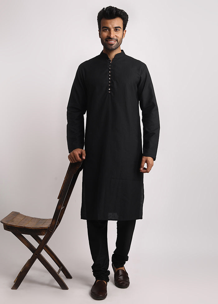 Black Cotton Full Sleeves Mandarin Collar Long Kurta And Pajama Set - Indian Silk House Agencies