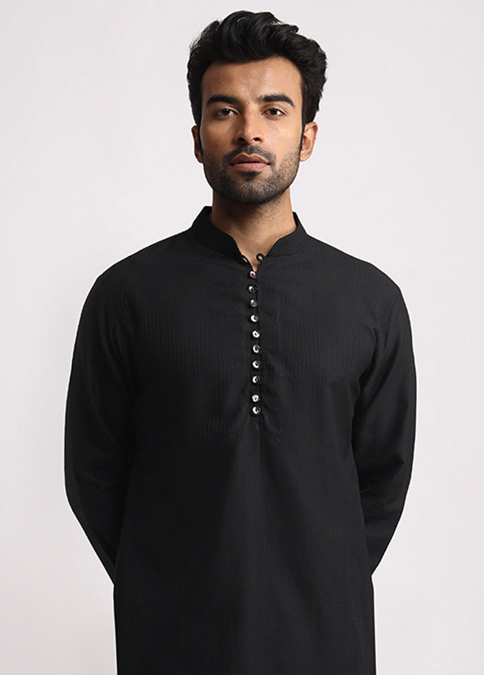 Black Cotton Full Sleeves Mandarin Collar Long Kurta And Pajama Set - Indian Silk House Agencies