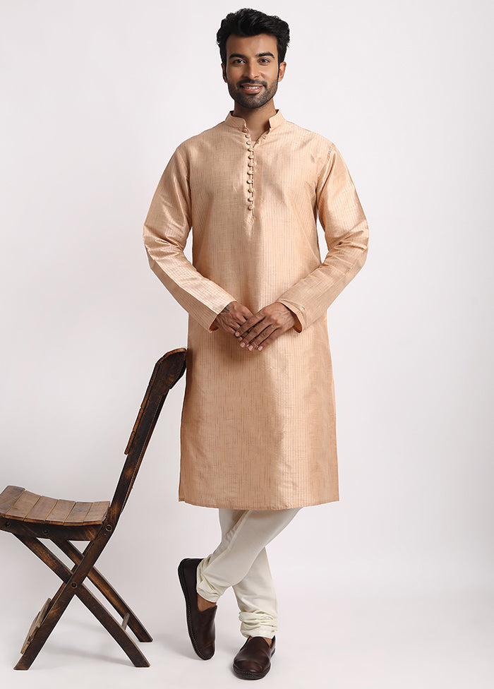 Beige Cotton Full Sleeves Mandarin Collar Long Kurta And Pajama Set - Indian Silk House Agencies