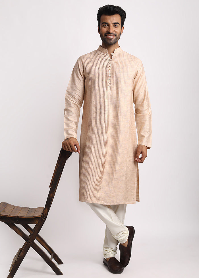 Beige Dupion Silk Full Sleeves Mandarin Collar Long Kurta And Pajama Set - Indian Silk House Agencies