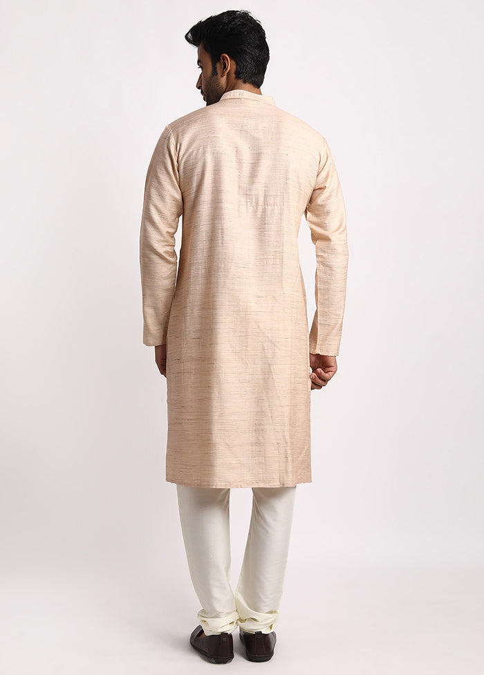 Beige Dupion Silk Full Sleeves Mandarin Collar Long Kurta And Pajama Set - Indian Silk House Agencies