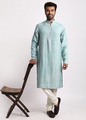 Green Dupion Silk Full Sleeves Mandarin Collar Long Kurta And Pajama Set - Indian Silk House Agencies