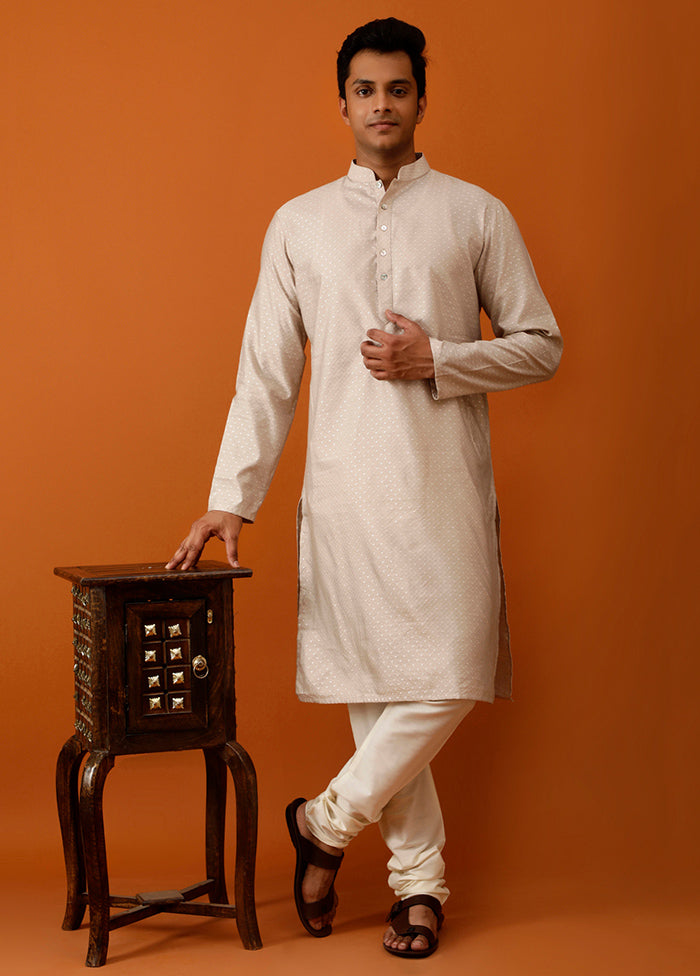 Beige Cotton Full Sleeves Mandarin Collar Long Kurta And Pajama Set - Indian Silk House Agencies