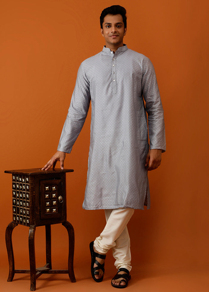 Grey Cotton Full Sleeves Mandarin Collar Long Kurta And Pajama Set - Indian Silk House Agencies