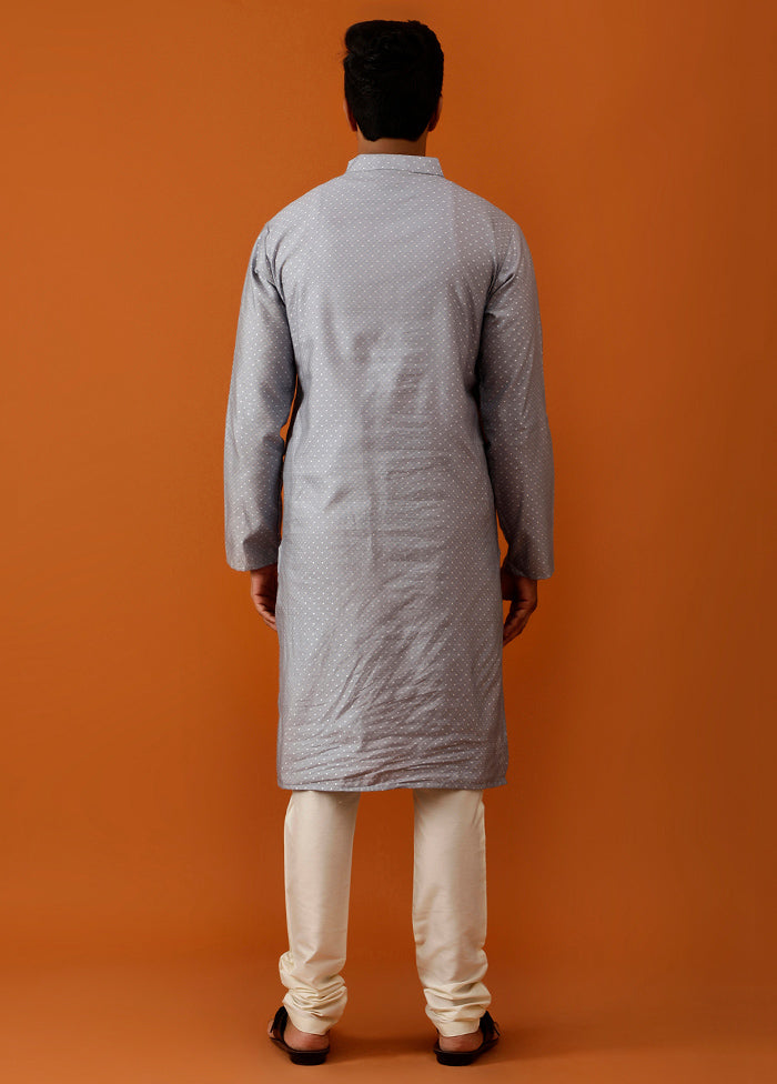 Grey Cotton Full Sleeves Mandarin Collar Long Kurta And Pajama Set - Indian Silk House Agencies