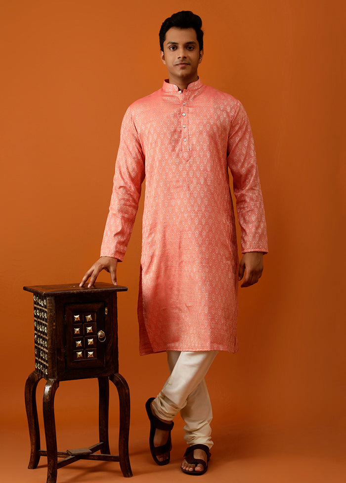 Orange Cotton Full Sleeves Mandarin Collar Long Kurta And Pajama Set - Indian Silk House Agencies