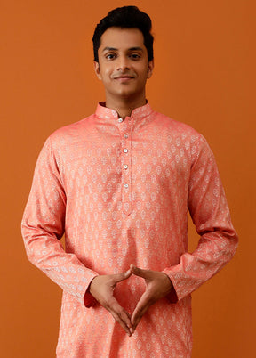 Orange Cotton Full Sleeves Mandarin Collar Long Kurta And Pajama Set - Indian Silk House Agencies