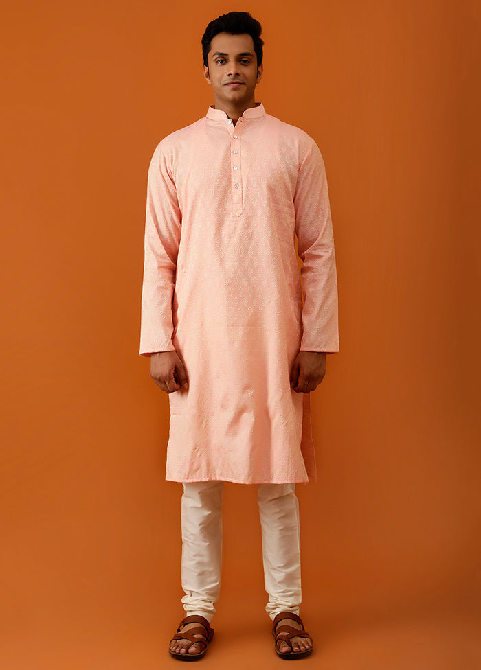 Pink Cotton Full Sleeves Mandarin Collar Long Kurta And Pajama Set - Indian Silk House Agencies