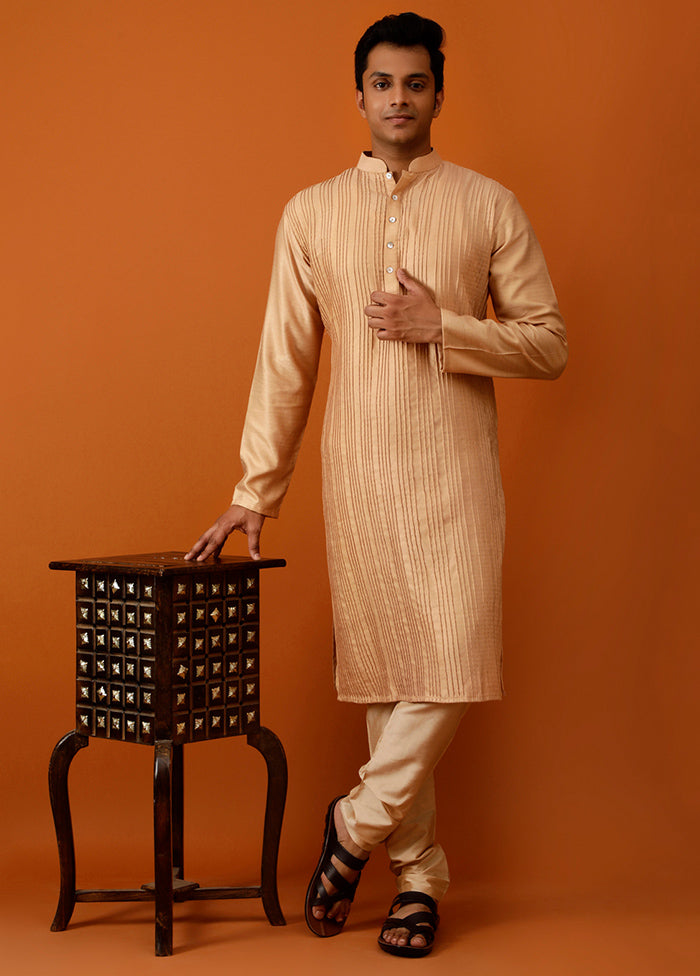 Beige Dupion Silk Full Sleeves Mandarin Collar Long Kurta And Pajama Set - Indian Silk House Agencies